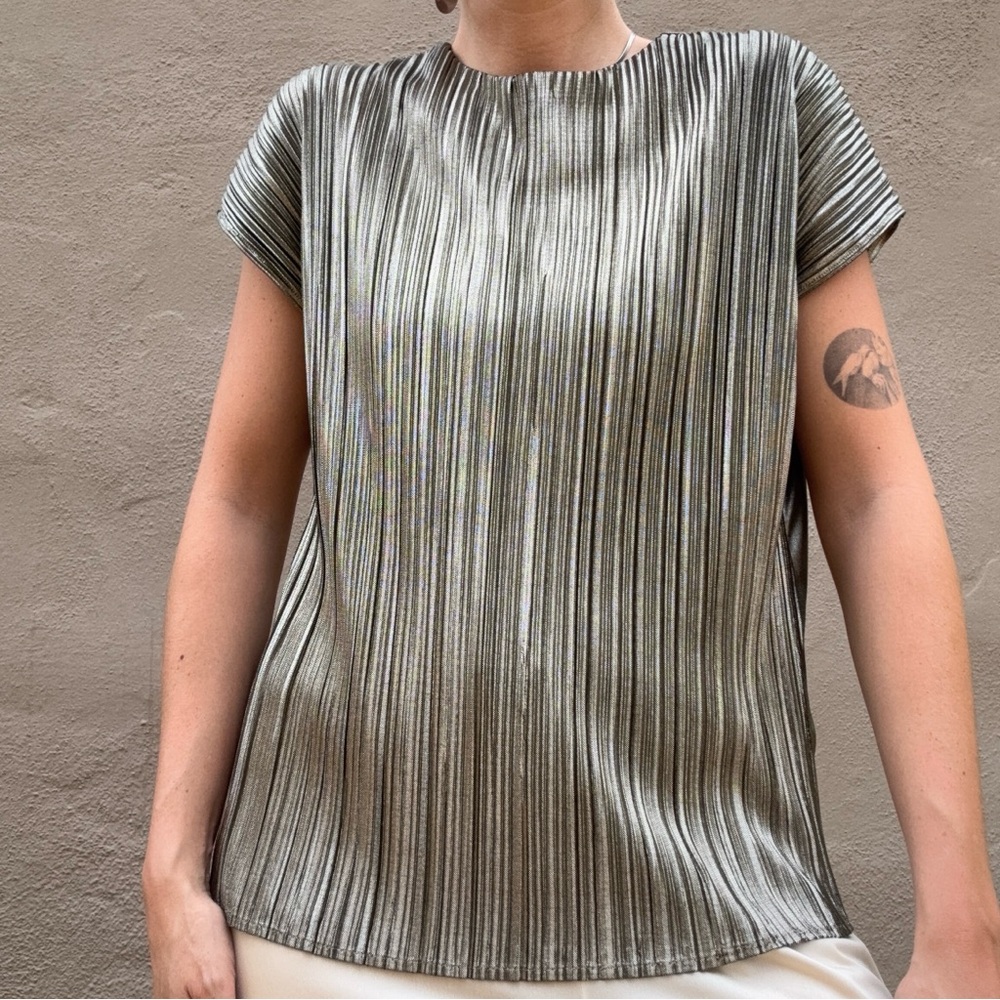 Vintage Metallic Silver Pleated Blouse